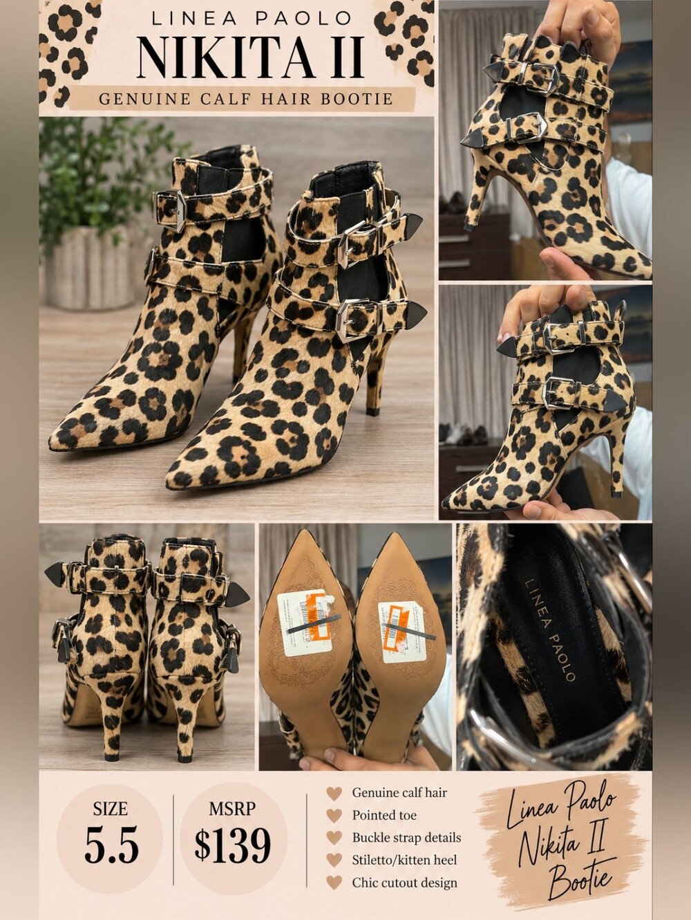 Linea Paolo Leopard Calf-Hair Pointed Toe Ankle Booties with Buckle Straps - NWO